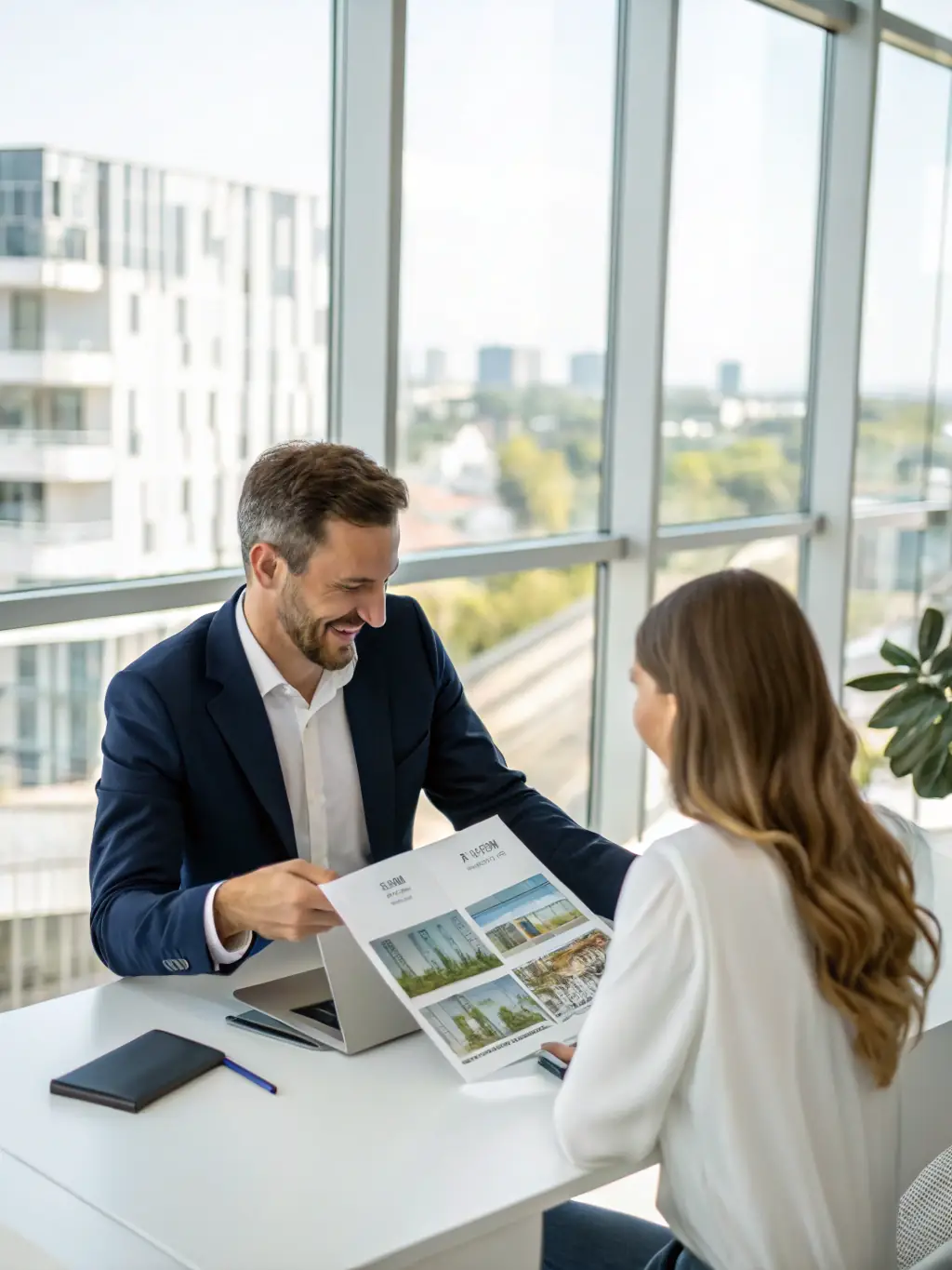 A friendly Serenity Property relocation specialist helping a client with paperwork in a modern office setting, conveying personalized support.