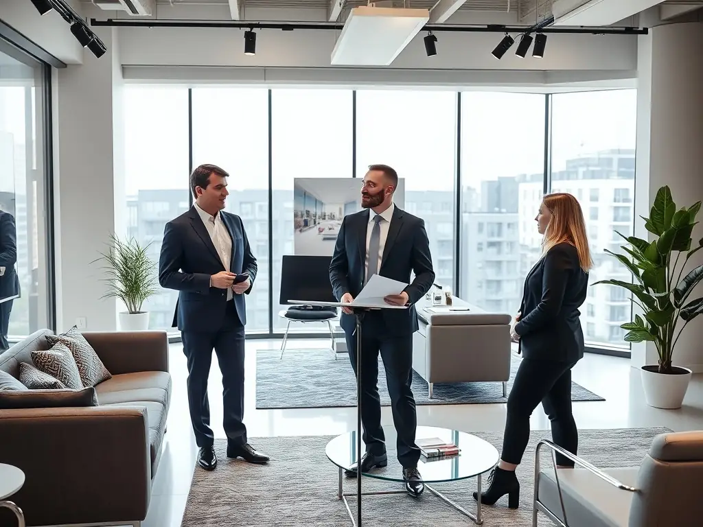 An elegant image of a luxurious property with a real estate agent discussing plans with clients in a sophisticated setting, representing Real Estate Purchase Support.