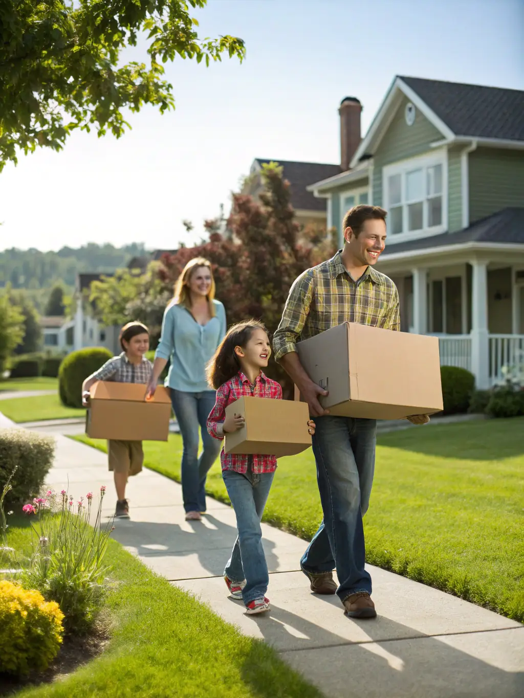 A diverse family happily settling into their new home in the Haute-Savoie region, showcasing the ease of relocation with Serenity Property.