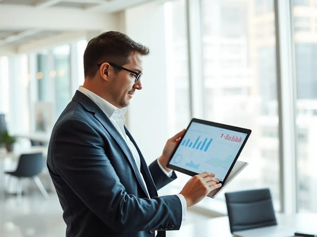 A consultant reviewing market data on a tablet, with graphs and charts illustrating real estate trends in Haute-Savoie.