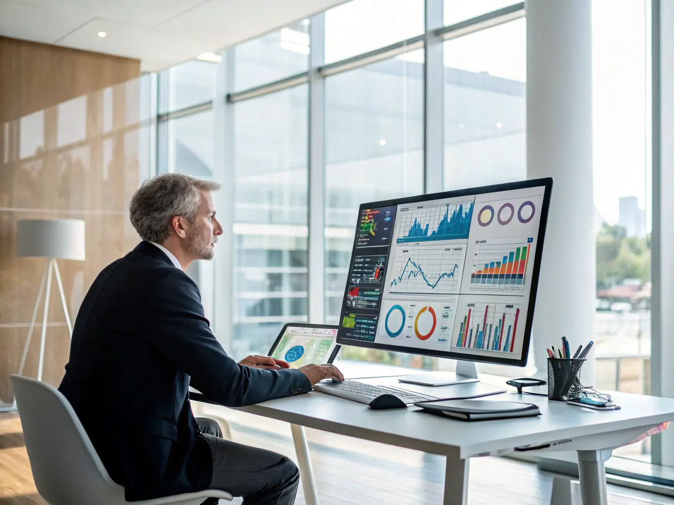 An image of a professional consultant analyzing market data and discussing strategies with clients in a refined office setting, representing Real Estate Strategy Consulting.