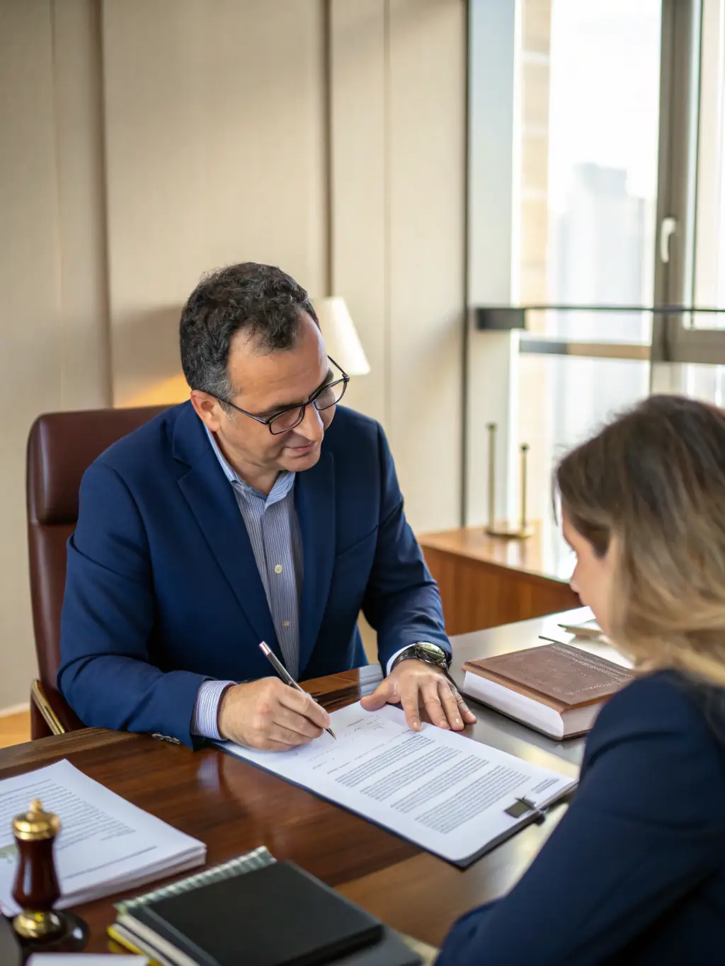 A lawyer reviewing legal documents with a client in a sophisticated office setting, emphasizing the legal assistance provided.